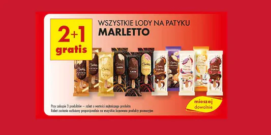 Biedronka: 2+1 GRATIS na wszystkie lody na patyku Marletto 09.05.2025