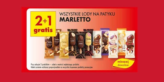 Biedronka: 2+1 GRATIS na wszystkie lody na patyku Marletto 09.05.2025