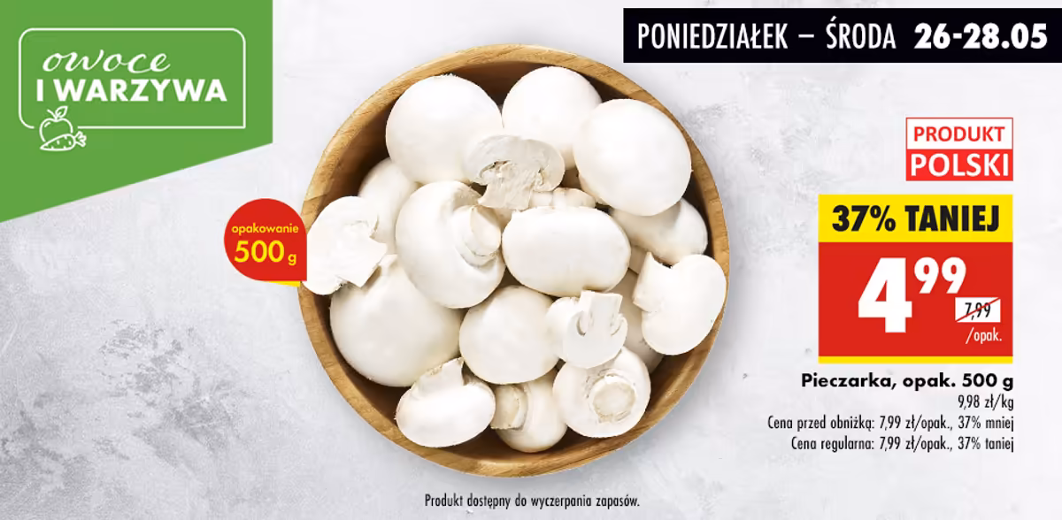 Biedronka: -37% na pieczarki, opak. 500 g