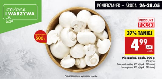 Biedronka: -37% na pieczarki, opak. 500 g 26.05.2025