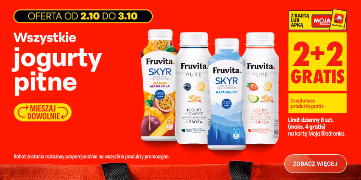 Biedronka: 2+2 GRATIS na wszystkie jogurty pitne