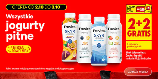 Biedronka: 2+2 GRATIS na wszystkie jogurty pitne 02.10.2026