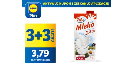 Lidl: KUPON 3 + 3 GRATIS na mleko UHT 3,2% 14.05.2025
