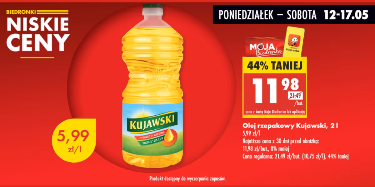 Biedronka: -44% na olej rzepakowy Kujawski, 2 l