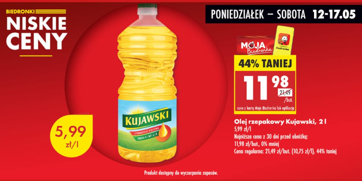 Biedronka: -44% na olej rzepakowy Kujawski, 2 l