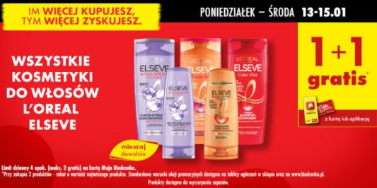 Biedronka: 1+1 GRATIS na kosmetyki do włosów  L'oreal Elseve 13.01.2025