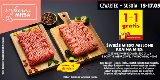 Biedronka: 1+1 GRATIS na świeże mięso mielone Kraina Mięs 15.05.2025