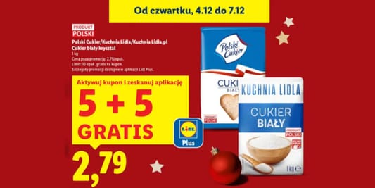 Lidl: KUPON 5 + 5 GRATIS na cukier biały 04.12.2025