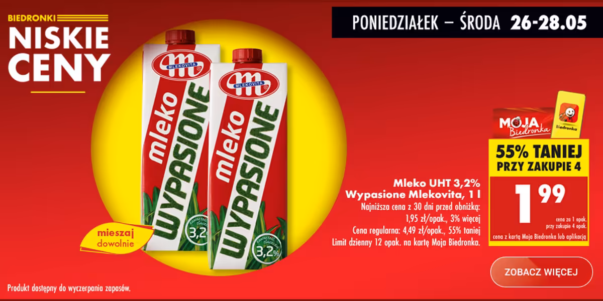 Biedronka: -55% na mleko Wypasione Mlekovita UHT 3,2%