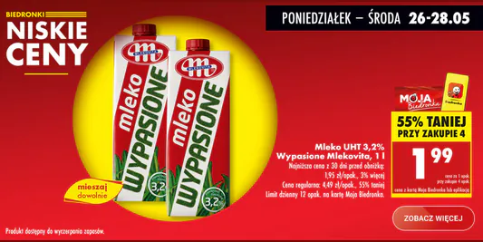 Biedronka: -55% na mleko Wypasione Mlekovita UHT 3,2% 26.05.2025