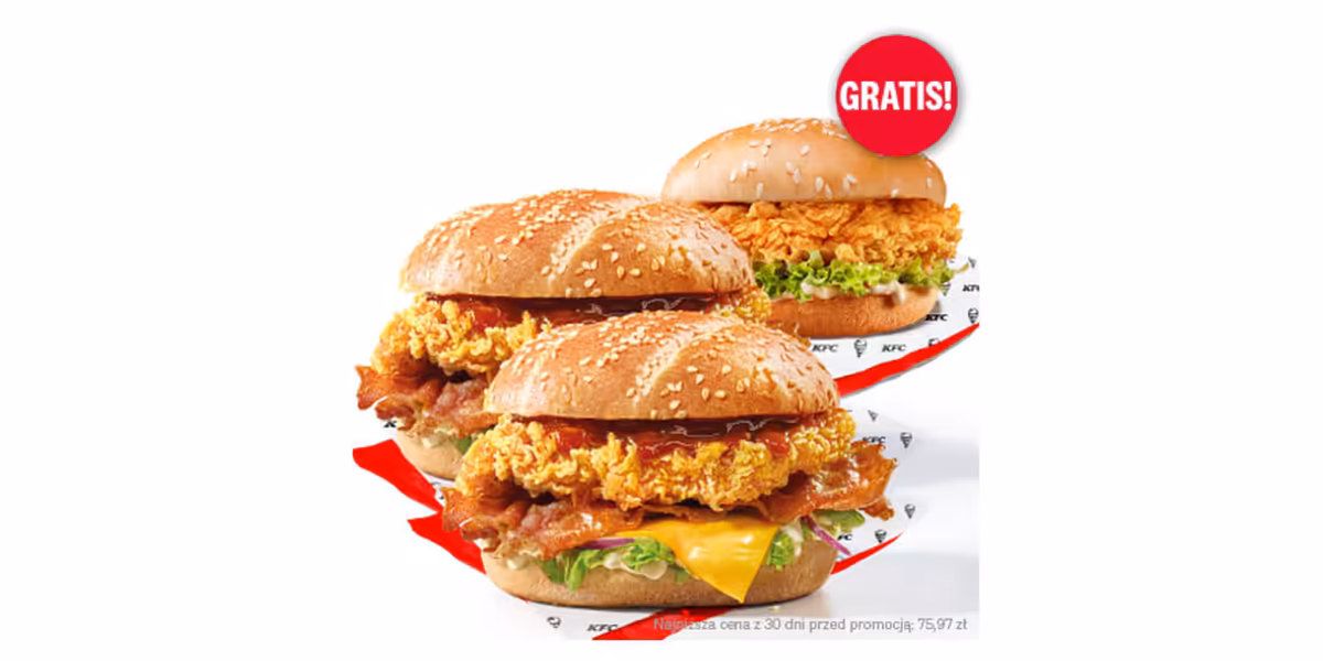 KFC: 53,98 zł 2x Grander Burger + Zinger Burger Gratis