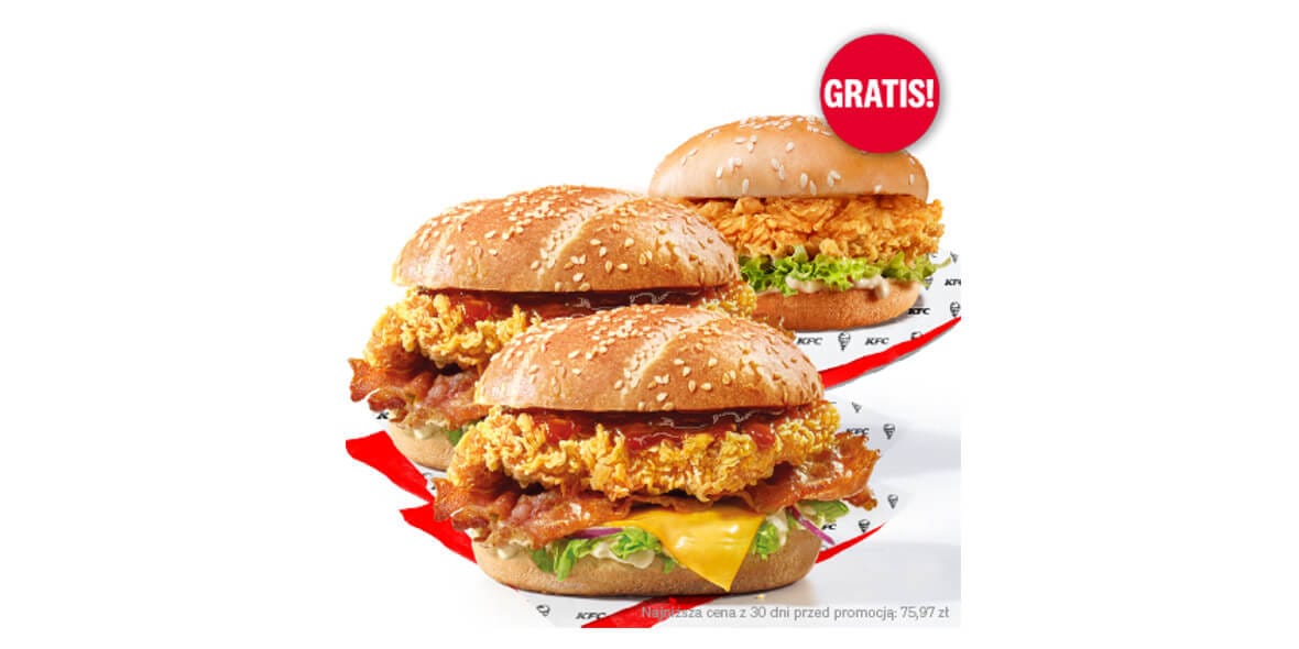 KFC: 53,98 zł 2x Grander Burger + Zinger Burger Gratis 05.05.2025