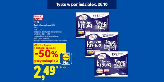 Lidl: -50% na masło Mleczna Krowa Pilos 26.10.2026