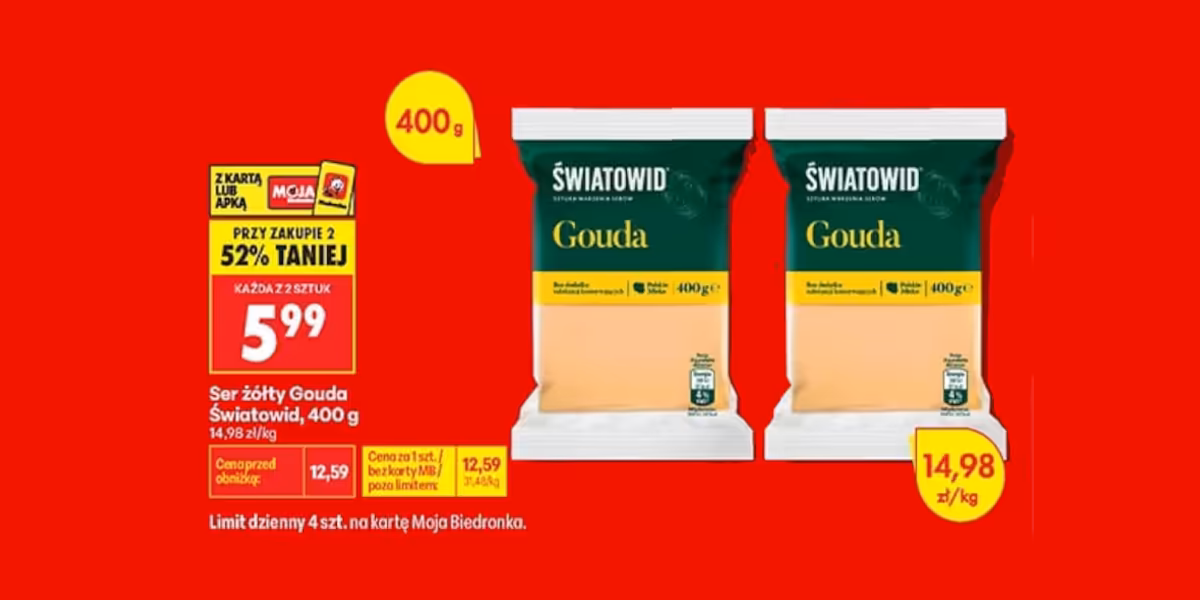Biedronka: -52% na ser żółty Gouda Światowid, 400 g