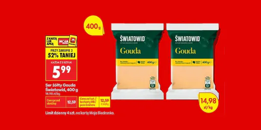 Biedronka: -52% na ser żółty Gouda Światowid, 400 g 02.10.2026
