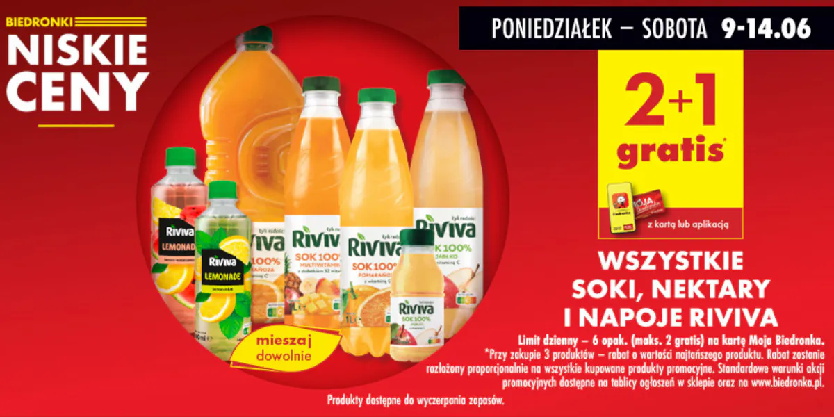 Biedronka: 2 + 1 GRATIS na soki, nektary i napoje Riviva