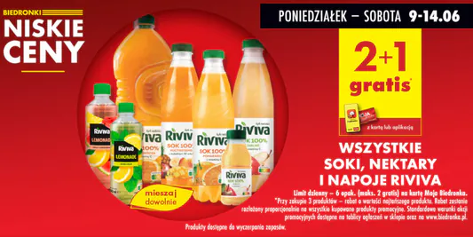 Biedronka: 2 + 1 GRATIS na soki, nektary i napoje Riviva 09.06.2025