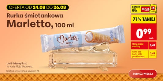 Biedronka: -71% na rurkę śmietankową Marletto 24.08.2026