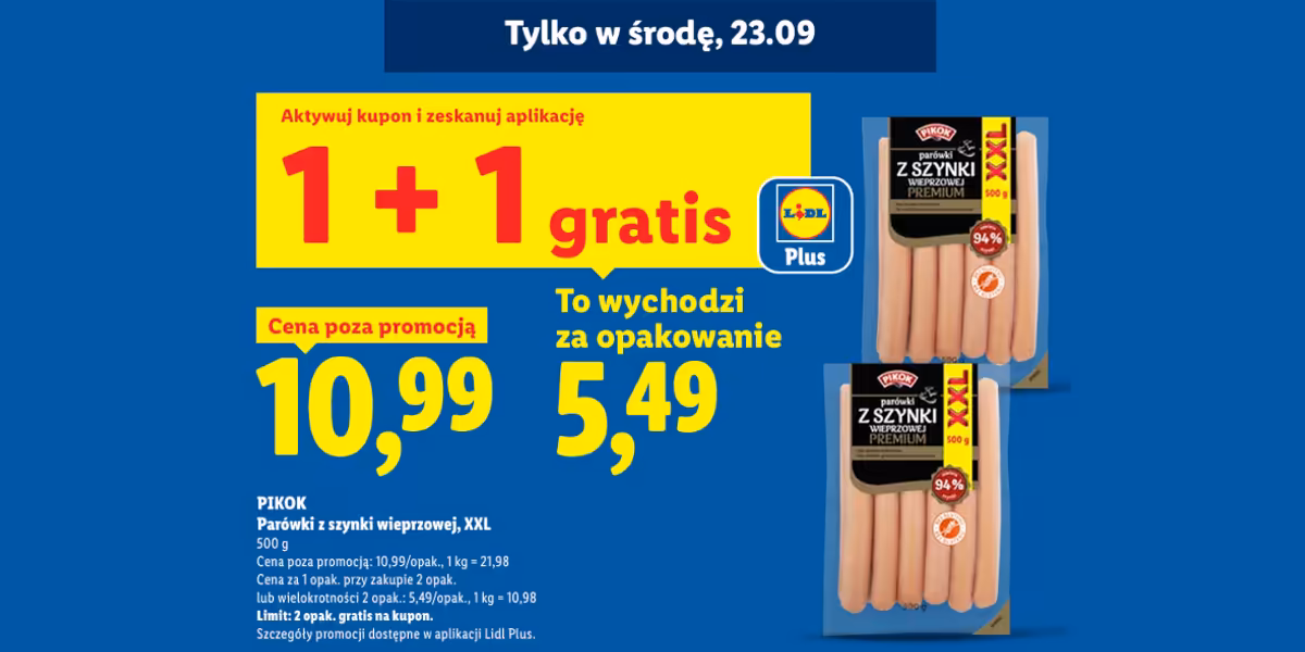 Lidl: KUPON 1+1 GRATIS na parówki z szynki Pikok