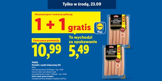 Lidl: KUPON 1+1 GRATIS na parówki z szynki Pikok 23.09.2026