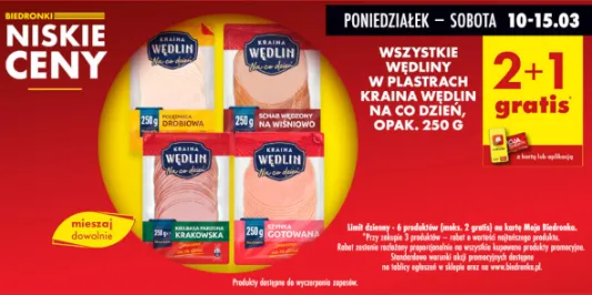 Biedronka: 2+1 GRATIS na wszystkie wędliny w plastrach 10.03.2025