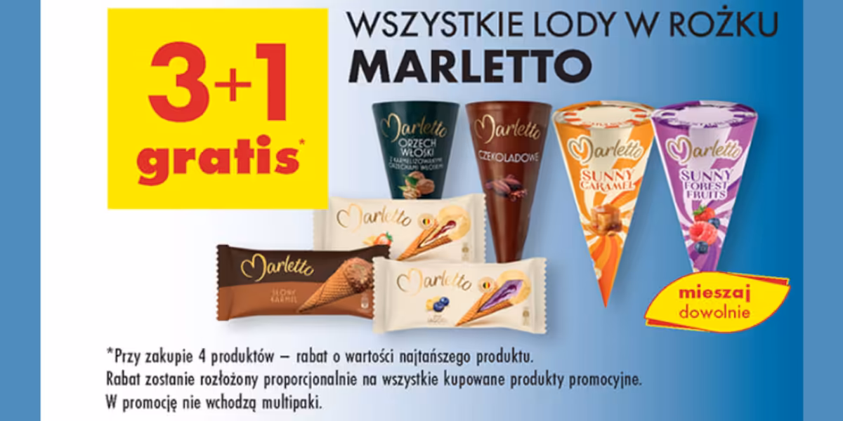 Biedronka: 3+1 GRATIS na wszystkie lody w rożku Marletto