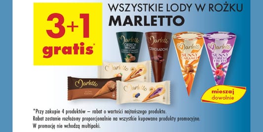 Biedronka: 3+1 GRATIS na wszystkie lody w rożku Marletto 03.06.2025