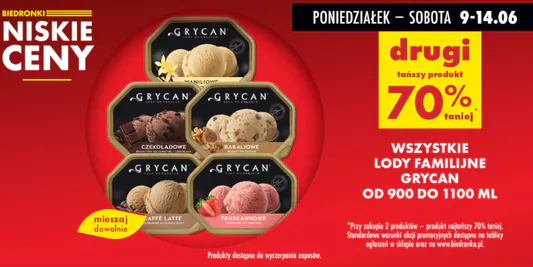 Biedronka: -70% na lody familijne Grycan, 900-1100 ml 09.06.2025