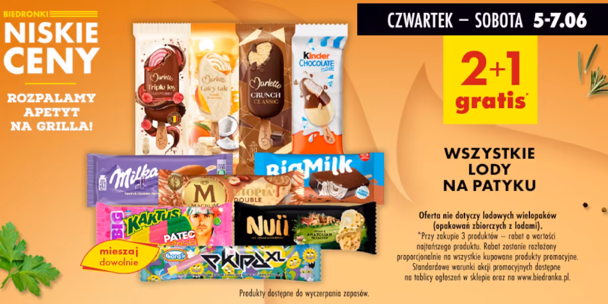 Biedronka: 2+1 GRATIS na wszystkie lody na patyku