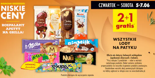 Biedronka: 2+1 GRATIS na wszystkie lody na patyku 05.06.2025