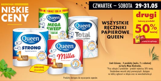 Biedronka: -50% na wszystkie ręczniki papierowe Queen 29.05.2025
