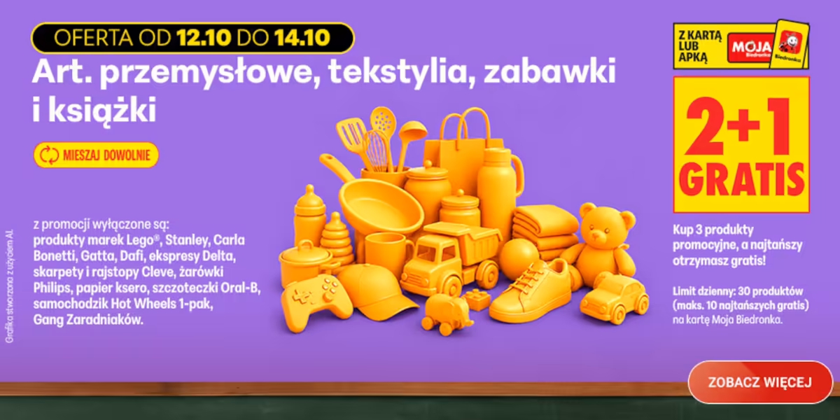 Biedronka: 2+1 GRATIS na art.przemysłowe, tekstylia, książki i zabawki