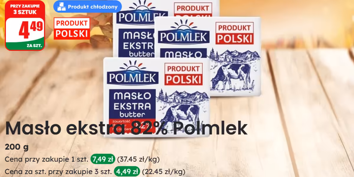 Dino: 4,49 zł za masło ekstra 82% Polmlek