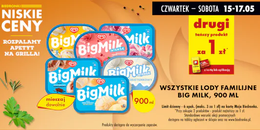 Biedronka: 1 zł za lody familijne Big Milk - drugi produkt 15.05.2025