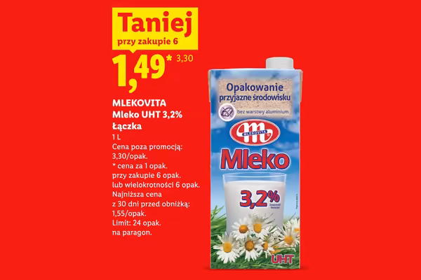 Lidl: 1,49 zł za mleko UHT 3,2% Łączka Mlekovita