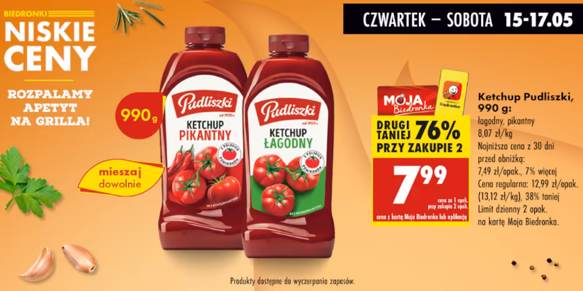 Biedronka: -76% na ketchup Pudliszki 990 g
