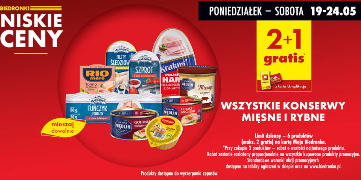 Biedronka: 2+1 GRATIS na wszystkie konserwy mięsne i rybne 19.05.2025
