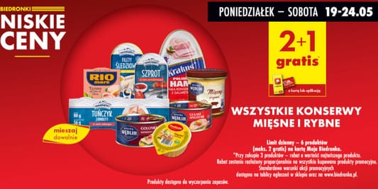 Biedronka: 2+1 GRATIS na wszystkie konserwy mięsne i rybne 19.05.2025