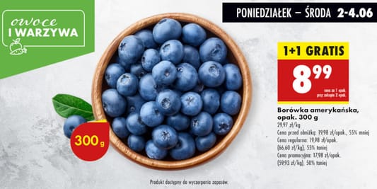 Biedronka: 1+1 GRATIS na borówkę amerykańską 02.06.2025