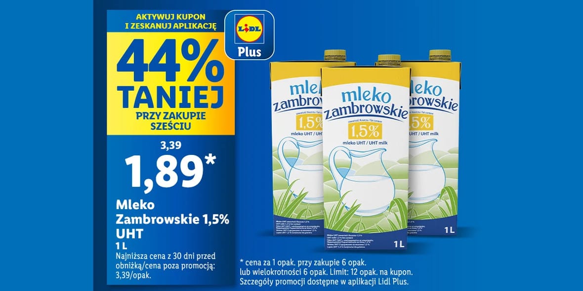 Lidl: KUPON -44% na Mleko Zambrowskie 1,5% UHT 17.03.2025