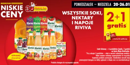 Biedronka: 2 + 1 GRATIS na soki, nektary i napoje Riviva 20.01.2025