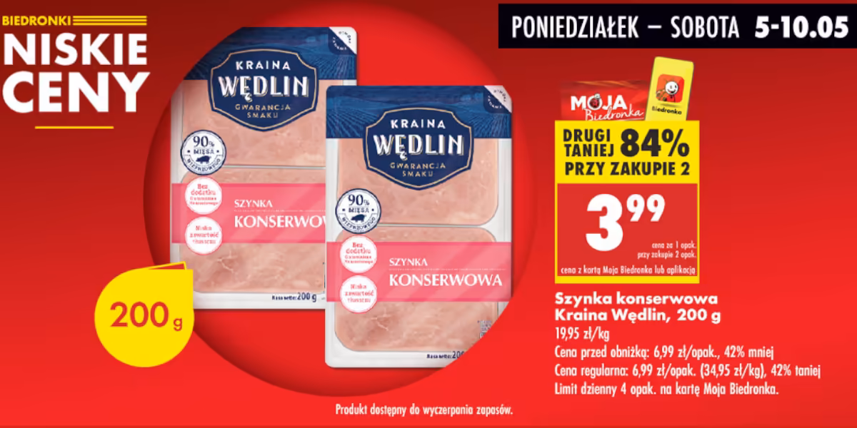 Biedronka: -84% na szynkę konserwową Kraina Wędlin