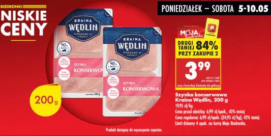Biedronka: -84% na szynkę konserwową Kraina Wędlin 05.05.2025
