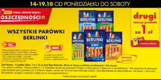 Biedronka: 1 zł za drugie opakowanie parówek Berlinki 14.10.2024