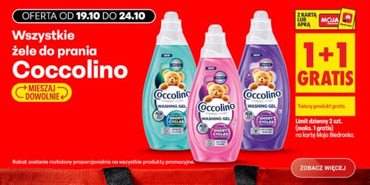 Biedronka: 1 + 1 GRATIS na wszystkie żele do prania Coccolino 19.10.2026