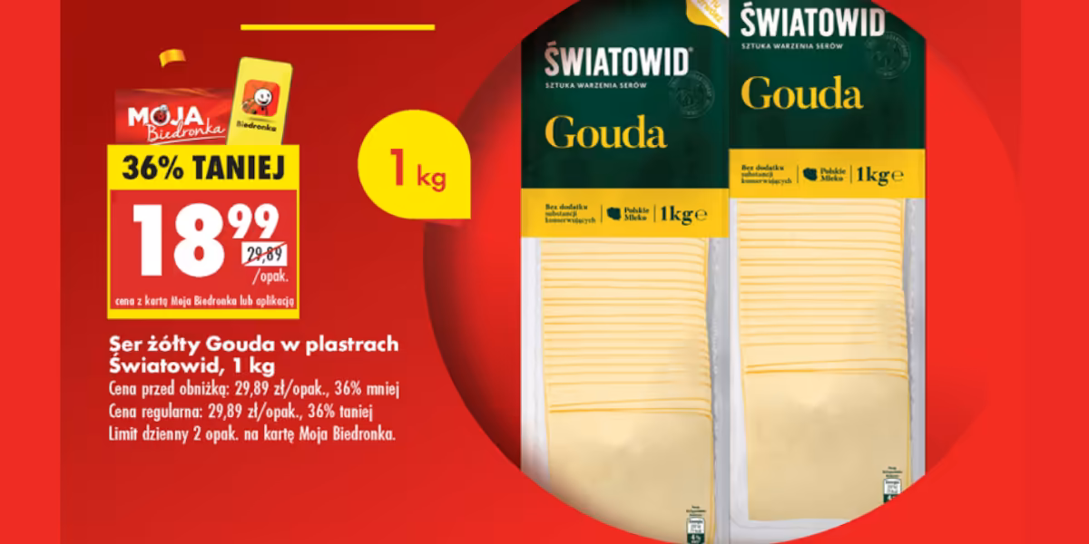 Biedronka: -36% na ser żółty Gouda w plastrach Światowid, 1 kg