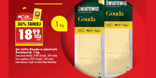 Biedronka: -36% na ser żółty Gouda w plastrach Światowid, 1 kg 09.06.2025