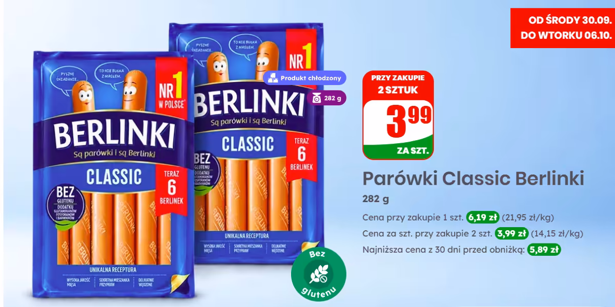 Dino: 3,99 zł za parówki Classic Berlinki