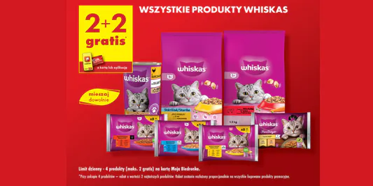 Biedronka: 2+2 GRATIS na wszystkie produkty Whiskas 31.05.2025