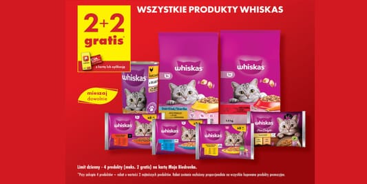 Biedronka: 2+2 GRATIS na wszystkie produkty Whiskas 31.05.2025